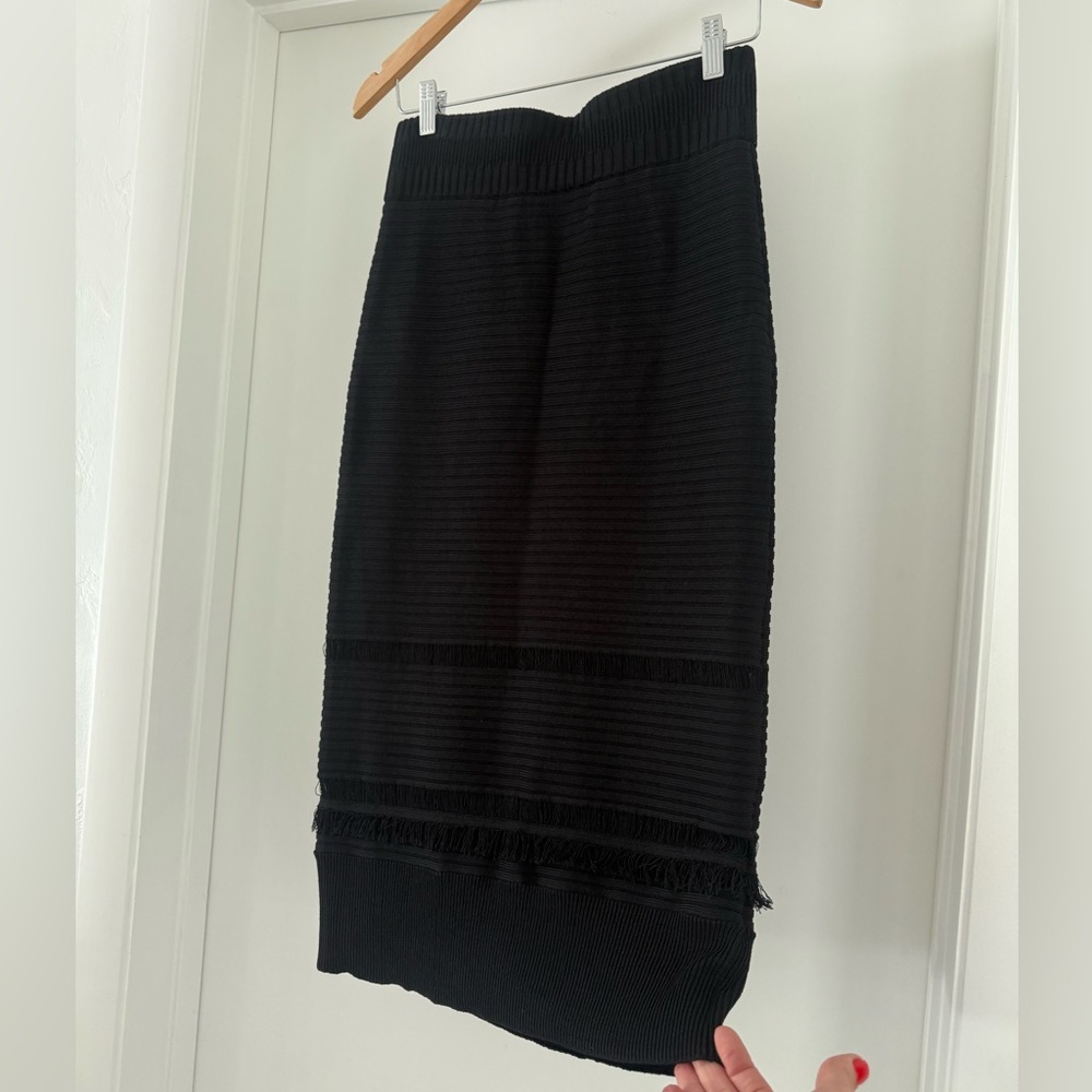 EUC RACHEL Rachel Roy Black Ribbed Knit Fringe Midi Pencil Skirt